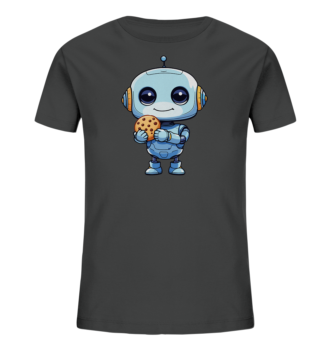 Onlineshop Shirts für Kinder - Das Bild zeigt ein dunkelgraues Kinder-T-Shirt auf einem schwarzen Hintergrund. Auf der Vorderseite des Shirts ist eine farbige, cartoonartige Illustration eines Roboters zu sehen. Der Roboter hat einen hellblauen Körper, runde Augen und hält einen Schokoladenkeks in seinen Händen. Das Design ist verspielt und kindgerecht gestaltet, ideal für kleine Roboterfans.