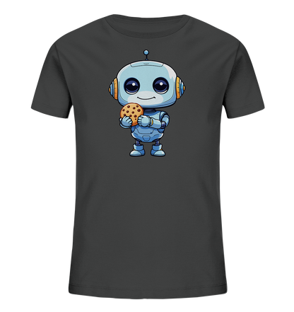Onlineshop Shirts für Kinder - Das Bild zeigt ein dunkelgraues Kinder-T-Shirt auf einem schwarzen Hintergrund. Auf der Vorderseite des Shirts ist eine farbige, cartoonartige Illustration eines Roboters zu sehen. Der Roboter hat einen hellblauen Körper, runde Augen und hält einen Schokoladenkeks in seinen Händen. Das Design ist verspielt und kindgerecht gestaltet, ideal für kleine Roboterfans.