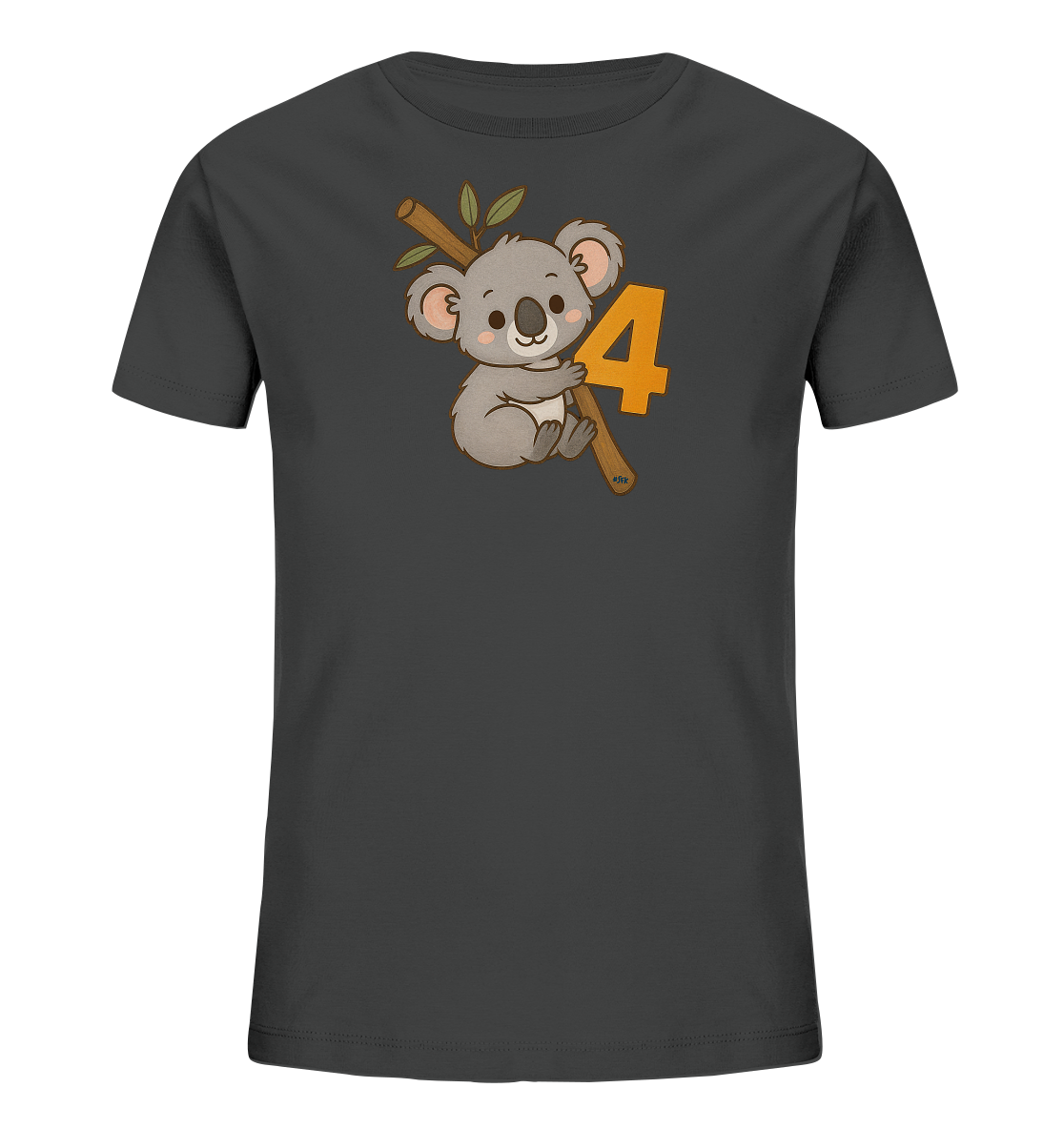 Onlineshop Shirts fuer Kinder - Das Bild zeigt ein dunkelgraues T-Shirt fuer Kinder. Auf der Vorderseite ist ein suesser Cartoon-Koala abgebildet, der an einem Ast mit gruenen Blaettern sitzt. Neben dem Koala steht eine grosse, leuchtend orange Zahl '4'. Dieses Motiv verleiht dem Shirt einen froehlichen und kindgerechten Look.