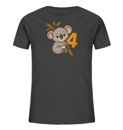 Onlineshop Shirts fuer Kinder - Das Bild zeigt ein dunkelgraues T-Shirt fuer Kinder. Auf der Vorderseite ist ein suesser Cartoon-Koala abgebildet, der an einem Ast mit gruenen Blaettern sitzt. Neben dem Koala steht eine grosse, leuchtend orange Zahl '4'. Dieses Motiv verleiht dem Shirt einen froehlichen und kindgerechten Look.