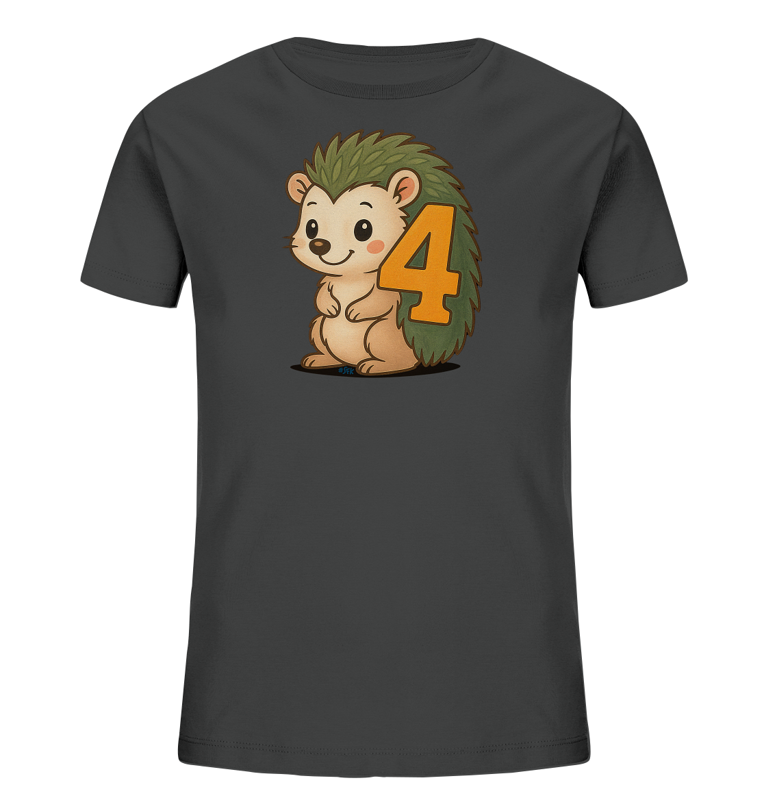 Onlineshop Shirts fuer Kinder - Das Bild zeigt ein dunkelgraues Kinder-T-Shirt. Auf der Vorderseite befindet sich eine freundliche Illustration eines Cartoon-Igels. Der Igel hat gruene Stacheln und ein laechelndes Gesicht. Auf seinem Ruecken ist eine grosse orangefarbene Zahl 4 zu sehen.