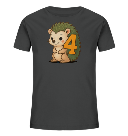Onlineshop Shirts fuer Kinder - Das Bild zeigt ein dunkelgraues Kinder-T-Shirt. Auf der Vorderseite befindet sich eine freundliche Illustration eines Cartoon-Igels. Der Igel hat gruene Stacheln und ein laechelndes Gesicht. Auf seinem Ruecken ist eine grosse orangefarbene Zahl 4 zu sehen.