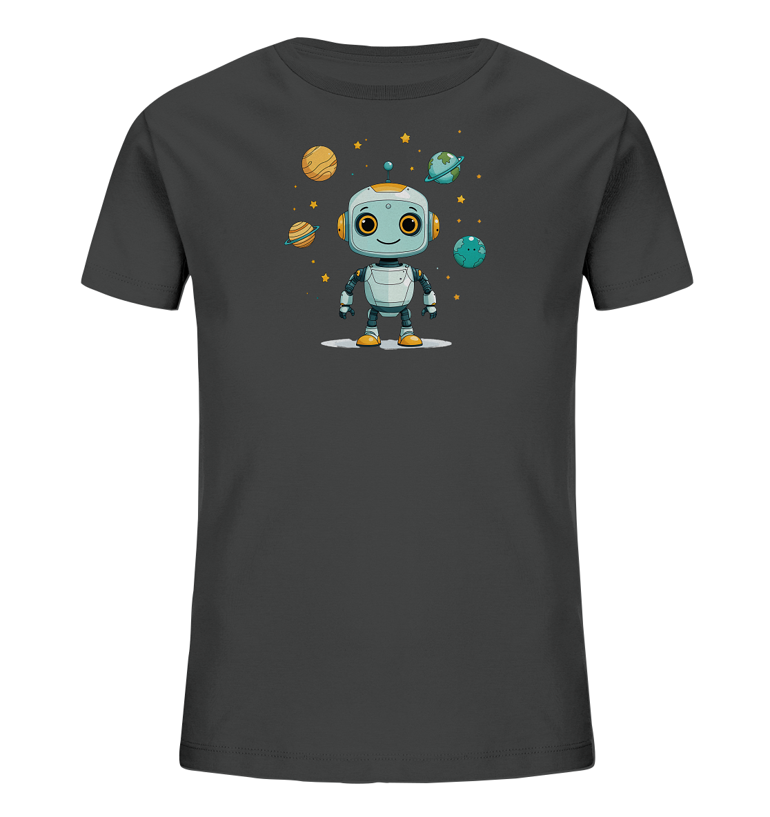 Onlineshop Shirts für Kinder - Das Bild zeigt ein schlichtes, dunkelgraues Kinder-T-Shirt. Auf der Vorderseite befindet sich ein farbenfroher Aufdruck eines freundlichen, cartoonartigen Roboters. Um den Roboter herum sind mehrere stilistisch dargestellte Planeten und kleine gelbe Sterne angeordnet, was ein Weltraumthema suggeriert. Das Design ist zentral auf dem Shirt platziert und wirkt verspielt und kindgerecht.