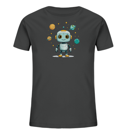 Onlineshop Shirts für Kinder - Das Bild zeigt ein schlichtes, dunkelgraues Kinder-T-Shirt. Auf der Vorderseite befindet sich ein farbenfroher Aufdruck eines freundlichen, cartoonartigen Roboters. Um den Roboter herum sind mehrere stilistisch dargestellte Planeten und kleine gelbe Sterne angeordnet, was ein Weltraumthema suggeriert. Das Design ist zentral auf dem Shirt platziert und wirkt verspielt und kindgerecht.