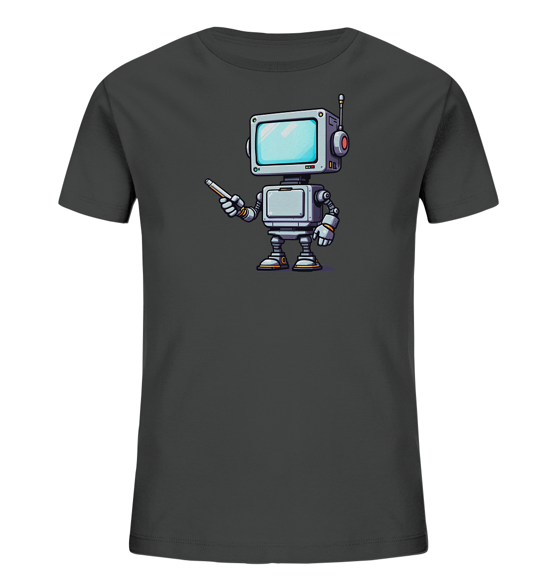 Onlineshop Shirts für Kinder - Dieses Bild zeigt ein dunkelgraues T-Shirt für Kinder in der Vorderansicht. Auf der Brust des Shirts befindet sich eine farbige, cartoonhafte Illustration eines kleinen Roboters. Der Roboter hat einen Bildschirm als Kopf, runde Ohren und eine Antenne und hält einen Stift oder Pointer in seiner Hand. Das Design ist verspielt und für Kinder gestaltet.