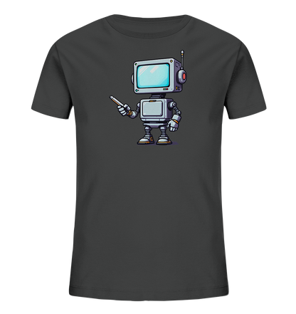 Onlineshop Shirts für Kinder - Dieses Bild zeigt ein dunkelgraues T-Shirt für Kinder in der Vorderansicht. Auf der Brust des Shirts befindet sich eine farbige, cartoonhafte Illustration eines kleinen Roboters. Der Roboter hat einen Bildschirm als Kopf, runde Ohren und eine Antenne und hält einen Stift oder Pointer in seiner Hand. Das Design ist verspielt und für Kinder gestaltet.