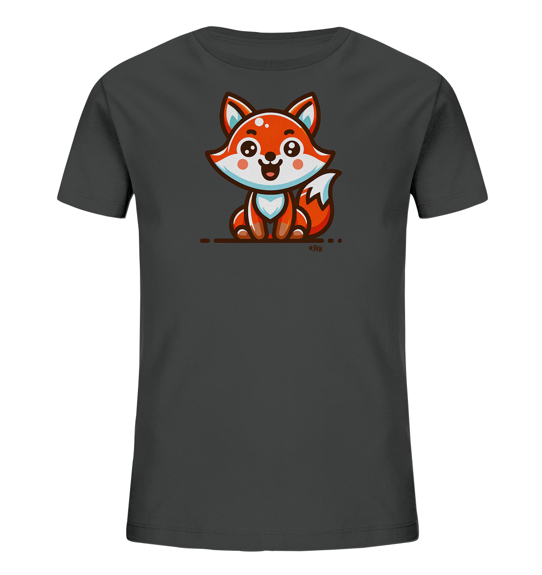 Onlineshop Shirts fuer Kinder - Dieses dunkelgraue T-Shirt fuer Kinder zeigt eine Illustration. Im Zentrum des Designs sitzt ein freundlicher, cartoonhafter Fuchs in oranger und weisser Farbe. Der Fuchs hat grosse Augen und Ohren und sitzt auf einer einfachen Linie. Das Motiv wirkt verspielt und ansprechend gestaltet.