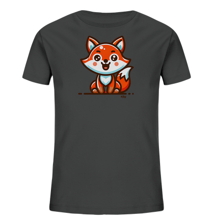 Onlineshop Shirts fuer Kinder - Dieses dunkelgraue T-Shirt fuer Kinder zeigt eine Illustration. Im Zentrum des Designs sitzt ein freundlicher, cartoonhafter Fuchs in oranger und weisser Farbe. Der Fuchs hat grosse Augen und Ohren und sitzt auf einer einfachen Linie. Das Motiv wirkt verspielt und ansprechend gestaltet.