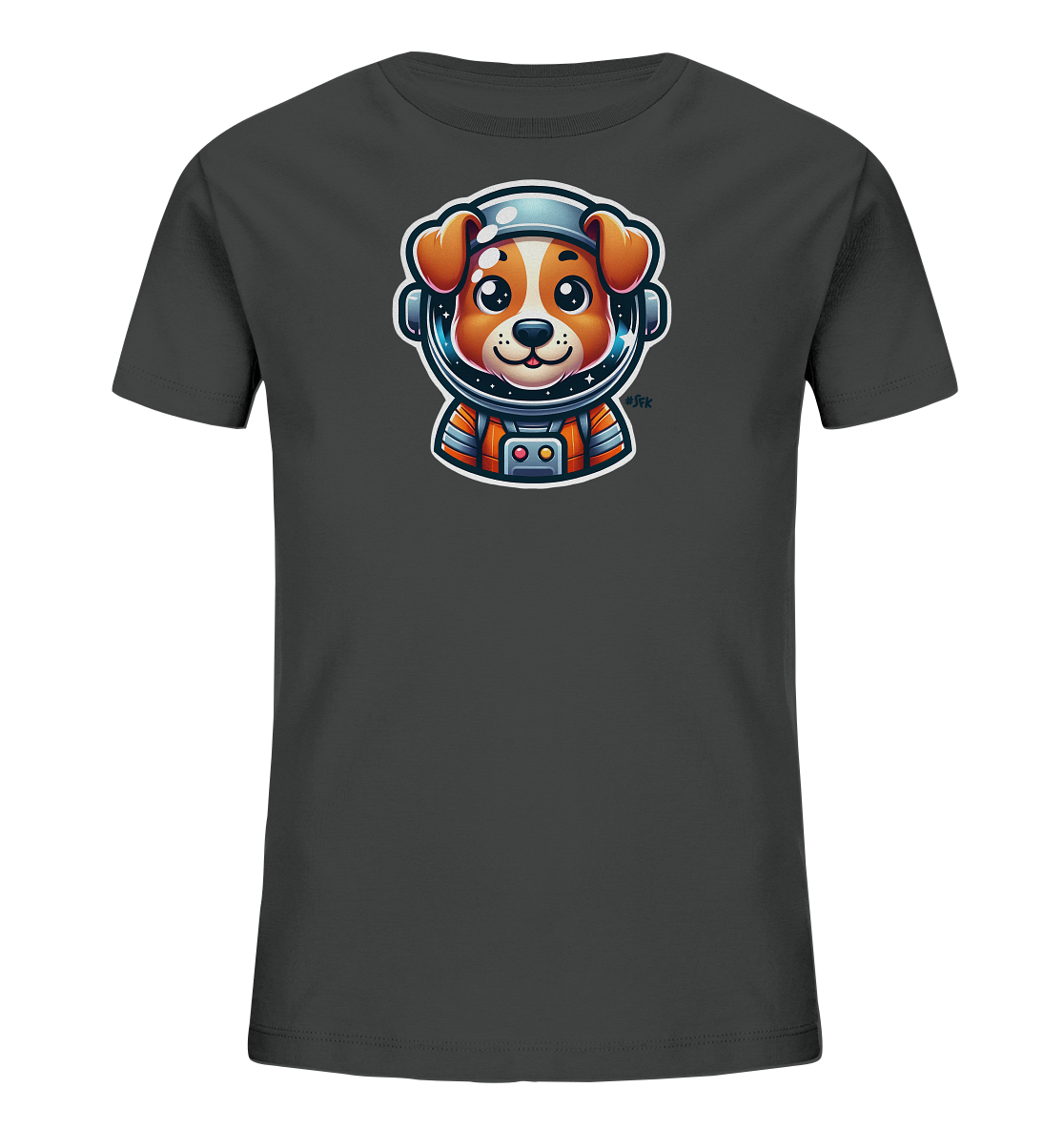 Onlineshop Shirts fuer Kinder - Das Bild zeigt ein dunkelgraues Kinder-T-Shirt mit einer charmanten Grafik eines Hundes im Astronautenanzug. Der Cartoon-Hund traegt einen Weltraumhelm mit Sternenreflexionen und laechelt freundlich. Der obere Teil eines orangefarbenen Raumanzugs ist ebenfalls dargestellt. Das Design verleiht dem Shirt einen verspielten Weltraum-Look.