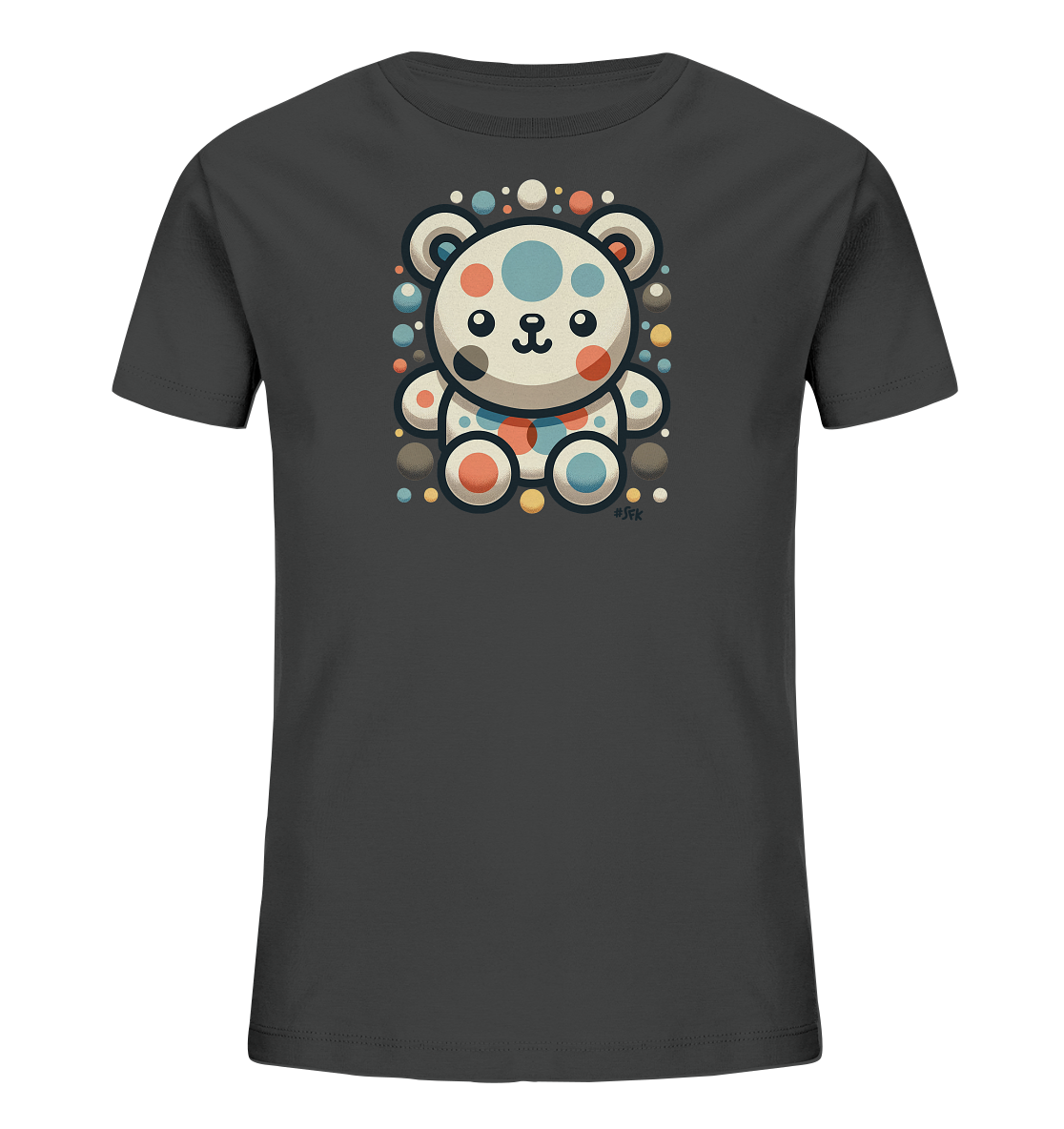 Onlineshop Shirts fuer Kinder - Das Bild zeigt ein dunkelgraues Kinder-T-Shirt mit einem farbenfrohen Druck auf der Vorderseite. Im Zentrum befindet sich ein stilisiertes Wesen, das aus grossen, runden Punkten in Weiss, Hellblau, Orange und Dunkelgrau besteht. Dieses sitzt aufrecht und ist von vielen kleineren, bunten Kreisen umgeben. Das Design wirkt verspielt und modern.