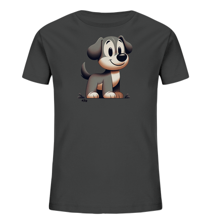 Onlineshop Shirts fuer Kinder - Das Bild zeigt ein dunkelgraues Kinder-T-Shirt. Auf der Vorderseite ist eine suesse Cartoon-Illustration eines Hundes abgebildet. Der Hund hat graues und weisses Fell, grosse Augen und ein freundliches Laecheln. Das Design ist verspielt und ansprechend fuer Kinder.