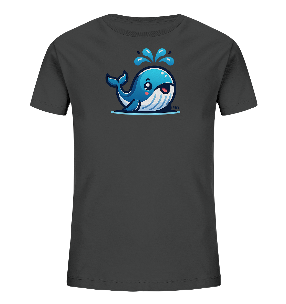 Onlineshop Shirts fuer Kinder - Das Bild zeigt ein dunkelgraues Kinder-T-Shirt. Auf der Vorderseite ist eine suesse, cartoonhafte Illustration eines blauen Wals zu sehen. Der Wal lacht und spritzt Wasser aus seinem Blasloch, waehrend er im Wasser schwimmt. Dieses Design verleiht dem Shirt einen froehlichen und maritimen Look.