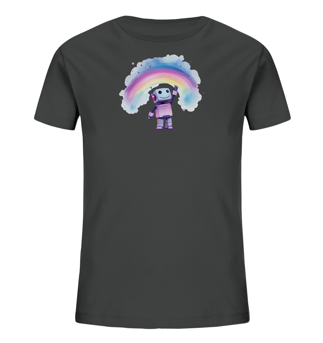 Onlineshop Shirts für Kinder - Das Bild zeigt ein dunkles T-Shirt, vermutlich in Anthrazit oder Dunkelgrau. Auf der Vorderseite befindet sich ein farbenfroher Druck mit einem kleinen, lächelnden Roboter, der eine Hand zum Gruß hebt. Über dem Roboter spannt sich ein bunter Regenbogen, der von hellblauen, wattewolkenartigen Gebilden und kleinen farbigen Punkten umgeben ist. Das Design wirkt fröhlich und spielerisch, ideal für Kinderbekleidung.