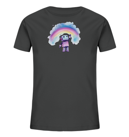 Onlineshop Shirts für Kinder - Das Bild zeigt ein dunkles T-Shirt, vermutlich in Anthrazit oder Dunkelgrau. Auf der Vorderseite befindet sich ein farbenfroher Druck mit einem kleinen, lächelnden Roboter, der eine Hand zum Gruß hebt. Über dem Roboter spannt sich ein bunter Regenbogen, der von hellblauen, wattewolkenartigen Gebilden und kleinen farbigen Punkten umgeben ist. Das Design wirkt fröhlich und spielerisch, ideal für Kinderbekleidung.