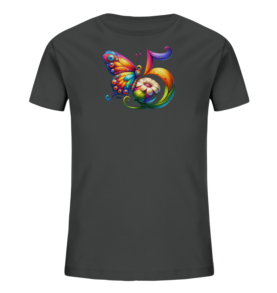 Onlineshop Shirts fuer Kinder - Das Bild zeigt ein dunkelgraues T-Shirt fuer Kinder mit einem auffaelligen, farbenfrohen Motiv. Im Zentrum des Designs stehen ein bunter Schmetterling und die stilisierte Zahl 5. Das kuenstlerische Motiv wirkt verspielt und lebendig, ideal fuer junge Traeger. Eine detaillierte Blume ist ebenfalls Teil der Gestaltung.