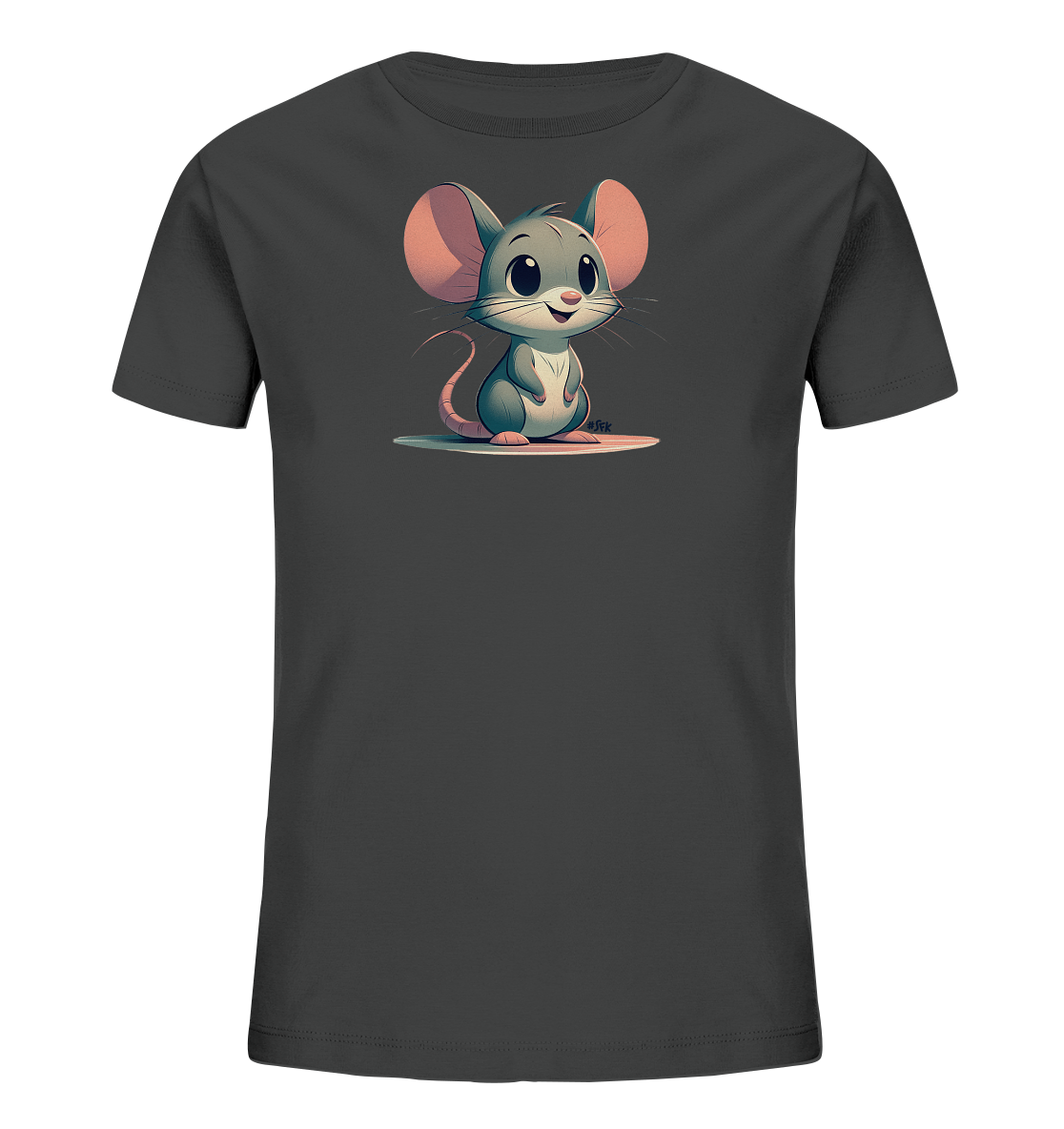 Onlineshop Shirts fuer Kinder - Das Bild zeigt ein dunkelgraues Kinder T-Shirt mit einer niedlichen Illustration einer cartoonhaften Maus auf der Vorderseite. Die graue Maus mit grossen, rosa Ohren sitzt aufrecht und laechelt freundlich auf einer stilisierten Flaeche. Dieses Design verleiht dem Shirt einen verspielten und charmanten Look.