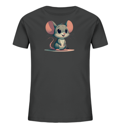 Onlineshop Shirts fuer Kinder - Das Bild zeigt ein dunkelgraues Kinder T-Shirt mit einer niedlichen Illustration einer cartoonhaften Maus auf der Vorderseite. Die graue Maus mit grossen, rosa Ohren sitzt aufrecht und laechelt freundlich auf einer stilisierten Flaeche. Dieses Design verleiht dem Shirt einen verspielten und charmanten Look.