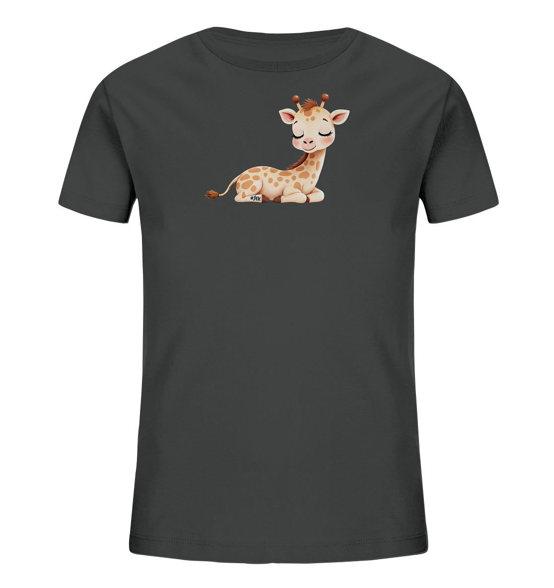 Onlineshop Shirts fuer Kinder - Das Bild zeigt ein dunkelgraues Kinder-T-Shirt. Auf der Vorderseite ist eine niedliche, hellbraune Giraffe abgebildet, die entspannt liegt und laechelt. Die Giraffe hat geschlossene Augen und freundliche Gesichtszuege. Dieses verspielte Motiv ist ideal fuer Kinder.