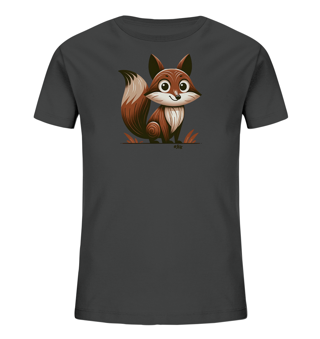 Onlineshop Shirts fuer Kinder - Dieses dunkelgraue Kinder-T-Shirt zeigt eine niedliche Cartoon-Illustration eines Fuchses. Der Fuchs sitzt laechelnd da und hat braunes Fell mit einem buschigen Schwanz. Kleine braune Akzente deuten auf die Umgebung des Tieres hin. Das Design ist froehlich und ansprechend.