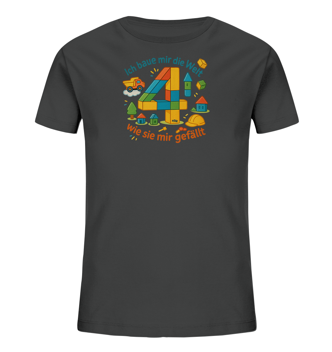 Onlineshop Shirts fuer Kinder - Dieses dunkelgraue Kinder-T-Shirt zeigt eine bunte Illustration zum Thema Bauen und Konstruktion. Im Zentrum steht eine grosse, aus Bausteinen geformte Zahl 4, umgeben von kleinen Haeusern, Baeumen und einem Baufahrzeug. Der Schriftzug "Ich baue mir die Welt wie sie mir gefaellt" ergaenzt das Motiv. Das Design ist farbenfroh und ansprechend fuer kleine Baumeister.