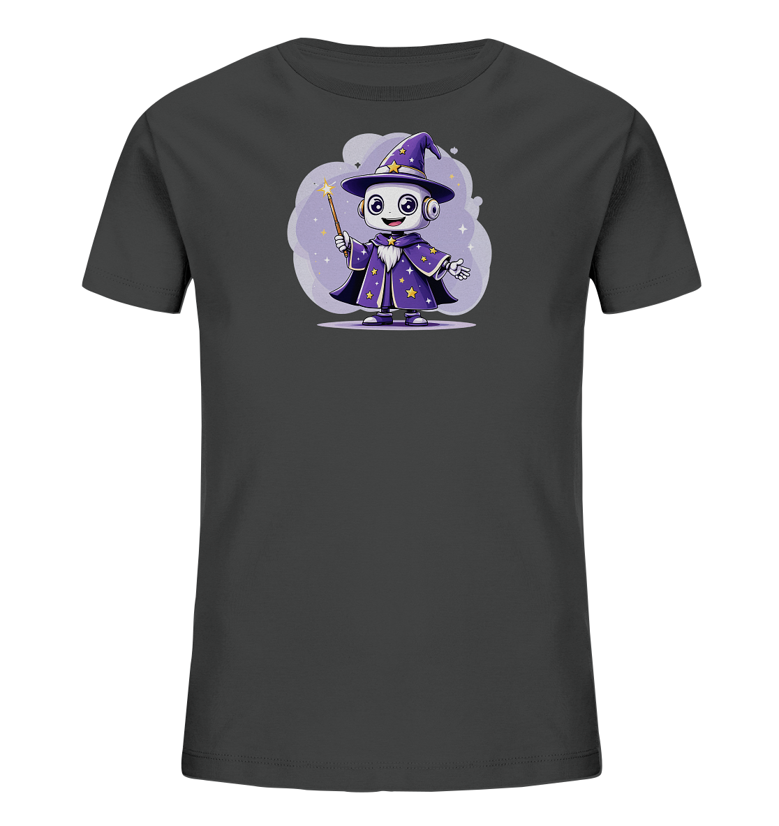 Onlineshop Shirts für Kinder - Dieses Bild zeigt ein dunkles, anthrazitfarbenes T-Shirt für Kinder. Auf der Vorderseite ist eine Illustration eines kleinen Roboters abgebildet, der als Magier verkleidet ist. Der Roboter trägt einen lila Umhang und Hut mit gelben Sternen und hält einen Zauberstab. Die Grafik ist von einem lila, wolkigen Hintergrund mit funkelnden Sternen umgeben.