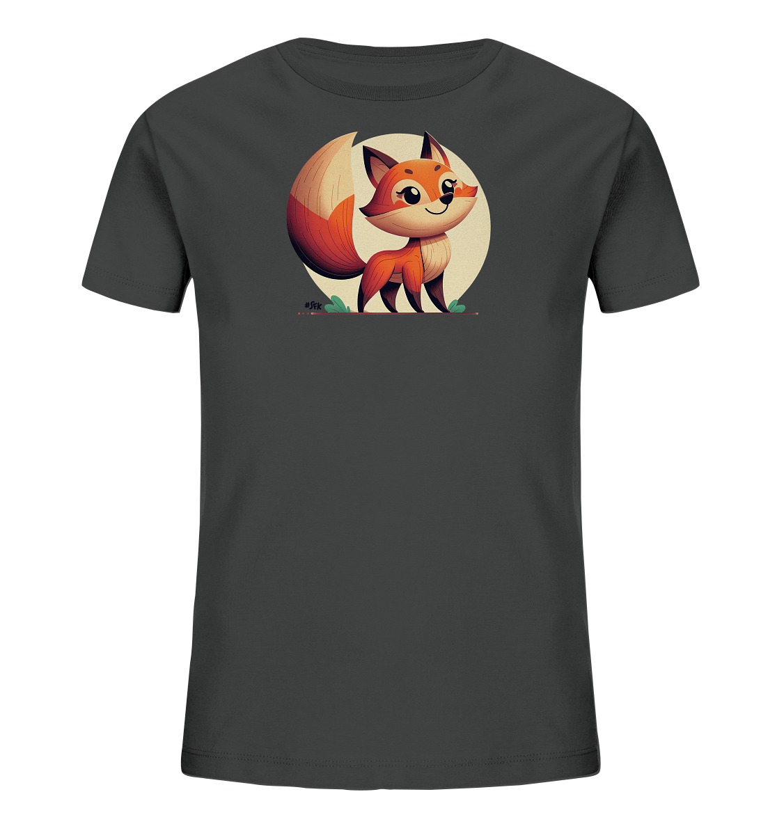 Onlineshop Shirts fuer Kinder - Das Bild zeigt ein dunkelgraues T-Shirt fuer Kinder mit einem niedlichen Fuchs-Motiv auf der Vorderseite. Die Illustration im Comic-Stil zeigt einen orange-roten Fuchs vor einem hellen, kreisfoermigen Hintergrund. Der Fuchs hat einen freundlichen Gesichtsausdruck und ist von kleinen gruenen Details umgeben.