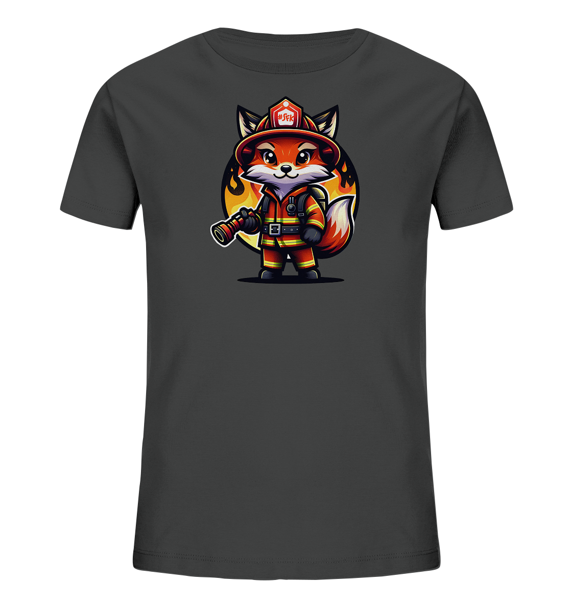 Onlineshop Shirts fuer Kinder - Das Bild zeigt ein dunkelgraues Kinder-T-Shirt mit einem Motiv eines Fuchses in Feuerwehrmann-Uniform. Der Fuchs traegt Helm, Anzug und Rucksack und haelt eine Schlauchduese. Im Hintergrund sind stilisierte Flammen zu sehen.