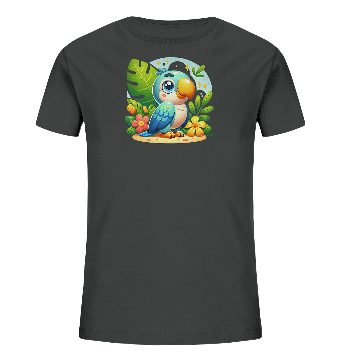 Onlineshop Shirts fuer Kinder - Das Bild zeigt ein dunkelgraues Kinder-T-Shirt mit einem farbenfrohen Aufdruck auf der Vorderseite. Darauf ist ein freundlicher, cartoonartiger blauer Vogel mit grossem Schnabel zu sehen, umgeben von tropischen Pflanzen und Blumen auf sandigem Untergrund. Hinter dem Vogel befindet sich ein runder Hintergrund mit leuchtenden Sternen. Das Motiv wirkt froehlich und exotisch, ideal fuer den Sommer.