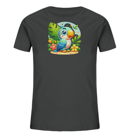 Onlineshop Shirts fuer Kinder - Das Bild zeigt ein dunkelgraues Kinder-T-Shirt mit einem farbenfrohen Aufdruck auf der Vorderseite. Darauf ist ein freundlicher, cartoonartiger blauer Vogel mit grossem Schnabel zu sehen, umgeben von tropischen Pflanzen und Blumen auf sandigem Untergrund. Hinter dem Vogel befindet sich ein runder Hintergrund mit leuchtenden Sternen. Das Motiv wirkt froehlich und exotisch, ideal fuer den Sommer.