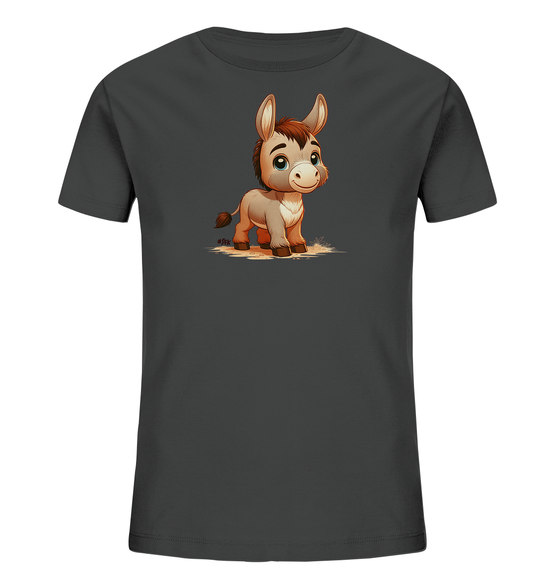 Onlineshop Shirts fuer Kinder - Das Bild zeigt ein dunkelgraues T-Shirt fuer Kinder mit einer niedlichen Illustration eines kleinen Esels auf der Vorderseite. Der Esel hat grosse Ohren, blaue Augen und blickt freundlich. Er ist detailreich gezeichnet und steht auf einer angedeuteten Oberflaeche dargestellt. Ein charmantes und kindgerechtes Motiv.