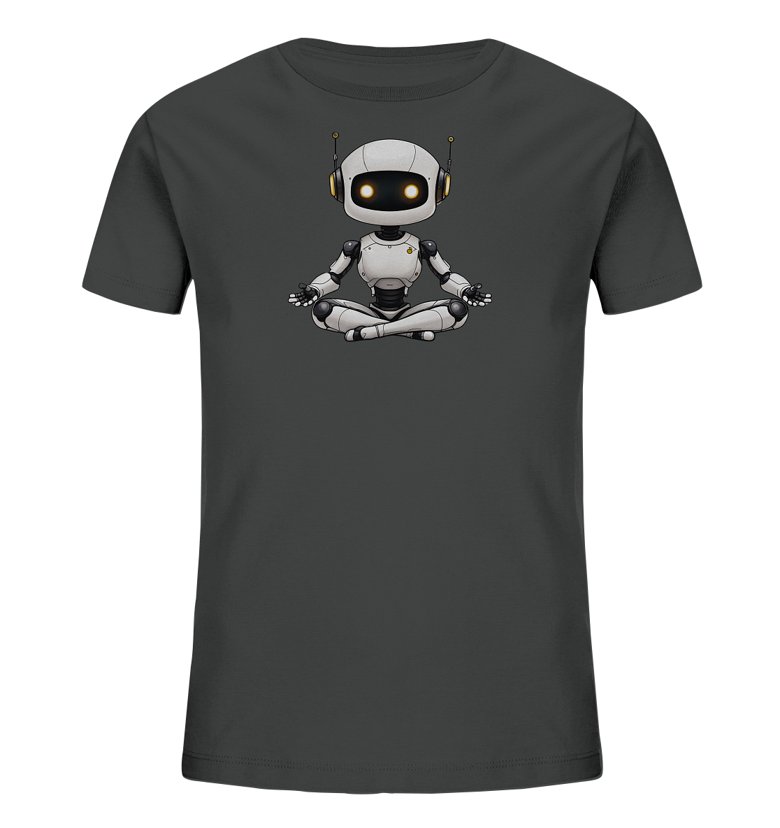 Onlineshop Shirts für Kinder - Das Bild zeigt ein dunkelgraues T-Shirt für Kinder mit einem zentral platzierten Druck auf der Vorderseite. Der Druck stellt einen weißen, stilisierten Roboter dar, der im Schneidersitz meditiert. Der Roboter hat große leuchtend gelbe Augen, Antennen auf dem Kopf und ist detailliert mit metallischen Gelenken gezeichnet. Das Design ist neutral gehalten und fokussiert sich auf die meditative Pose des Roboters.
