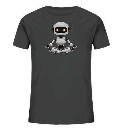 Onlineshop Shirts für Kinder - Das Bild zeigt ein dunkelgraues T-Shirt für Kinder mit einem zentral platzierten Druck auf der Vorderseite. Der Druck stellt einen weißen, stilisierten Roboter dar, der im Schneidersitz meditiert. Der Roboter hat große leuchtend gelbe Augen, Antennen auf dem Kopf und ist detailliert mit metallischen Gelenken gezeichnet. Das Design ist neutral gehalten und fokussiert sich auf die meditative Pose des Roboters.