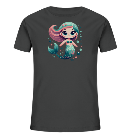 Onlineshop Shirts fuer Kinder - Dieses dunkelgraue T-Shirt fuer Kinder ist mit einer farbenfrohen Meerjungfrauen-Illustration verziert. Die Meerjungfrau hat schillerndes Haar und eine gemusterte Schwanzflosse, umgeben von zarten Blasen. Das Design ist verspielt und ansprechend fuer junge Meeresfans. Es ist ein schoenes Motiv fuer den Alltag.