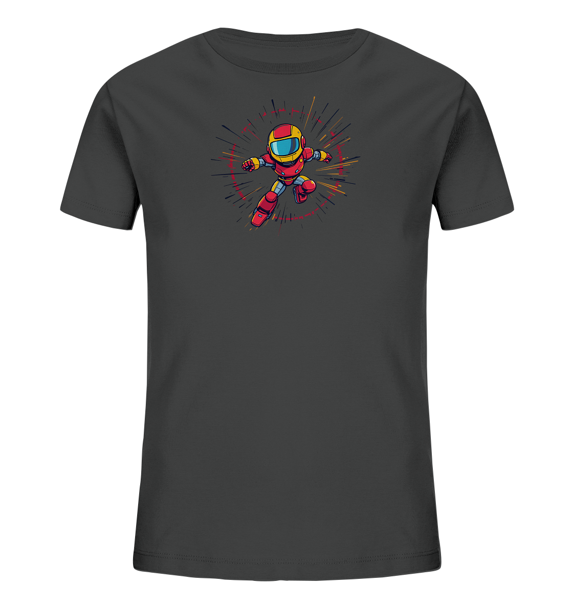 Onlineshop Shirts für Kinder - Das Bild zeigt ein dunkelgraues T-Shirt für Kinder. Auf der Vorderseite ist eine bunte Grafik einer stilisierten Figur in einem roten Anzug mit gelbem Helm und blauem Visier abgebildet. Die Figur scheint in Bewegung zu sein, umgeben von einem strahlenförmigen Muster aus verschiedenfarbigen Linien, das Dynamik vermittelt. Das Design wirkt lebhaft und erinnert an eine Comic-Figur oder einen kleinen Roboter/Superhelden.