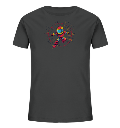 Onlineshop Shirts für Kinder - Das Bild zeigt ein dunkelgraues T-Shirt für Kinder. Auf der Vorderseite ist eine bunte Grafik einer stilisierten Figur in einem roten Anzug mit gelbem Helm und blauem Visier abgebildet. Die Figur scheint in Bewegung zu sein, umgeben von einem strahlenförmigen Muster aus verschiedenfarbigen Linien, das Dynamik vermittelt. Das Design wirkt lebhaft und erinnert an eine Comic-Figur oder einen kleinen Roboter/Superhelden.