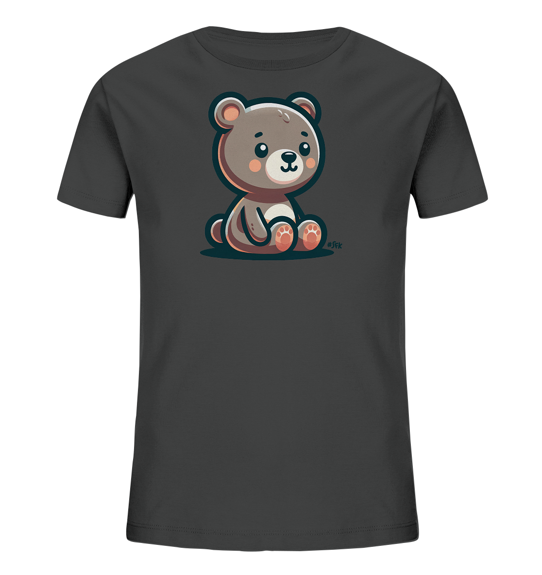 Onlineshop Shirts fuer Kinder - Das Bild zeigt ein dunkelgraues T-Shirt mit einer niedlichen Comic-Darstellung eines sitzenden Baeren. Der Baer hat grosse Augen, runde Ohren und rosafarbene Wangen sowie Pfotenballen. Die Illustration ist zentral auf der Vorderseite platziert und wirkt freundlich und verspielt.