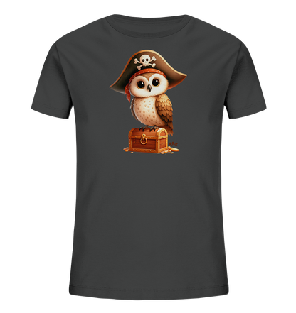 Onlineshop Shirts fuer Kinder - Das Bild zeigt ein dunkles Kinder-T-Shirt mit einem niedlichen Druck einer Eule im Piratenkostuem. Die Eule traegt einen Piratenhut mit Totenkopfmotiv und sitzt auf einer kleinen Schatzkiste, umgeben von Goldmuenzen. Dieses Design ist verspielt und fantasievoll.