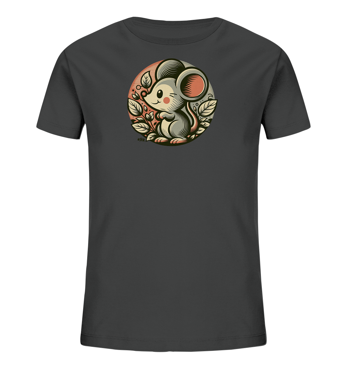 Onlineshop Shirts fuer Kinder - Das Bild zeigt ein dunkelgraues Kinder-T-Shirt mit einer runden Grafik auf der Vorderseite. In der Grafik sitzt eine niedliche Cartoon-Maus mit grossen Ohren und pinken Wangen, die zwinkert. Sie ist umgeben von stilisierten Blaettern und Zweigen vor einem gestreiften Hintergrund. Das Design ist liebevoll illustriert und ansprechend fuer Kinder.