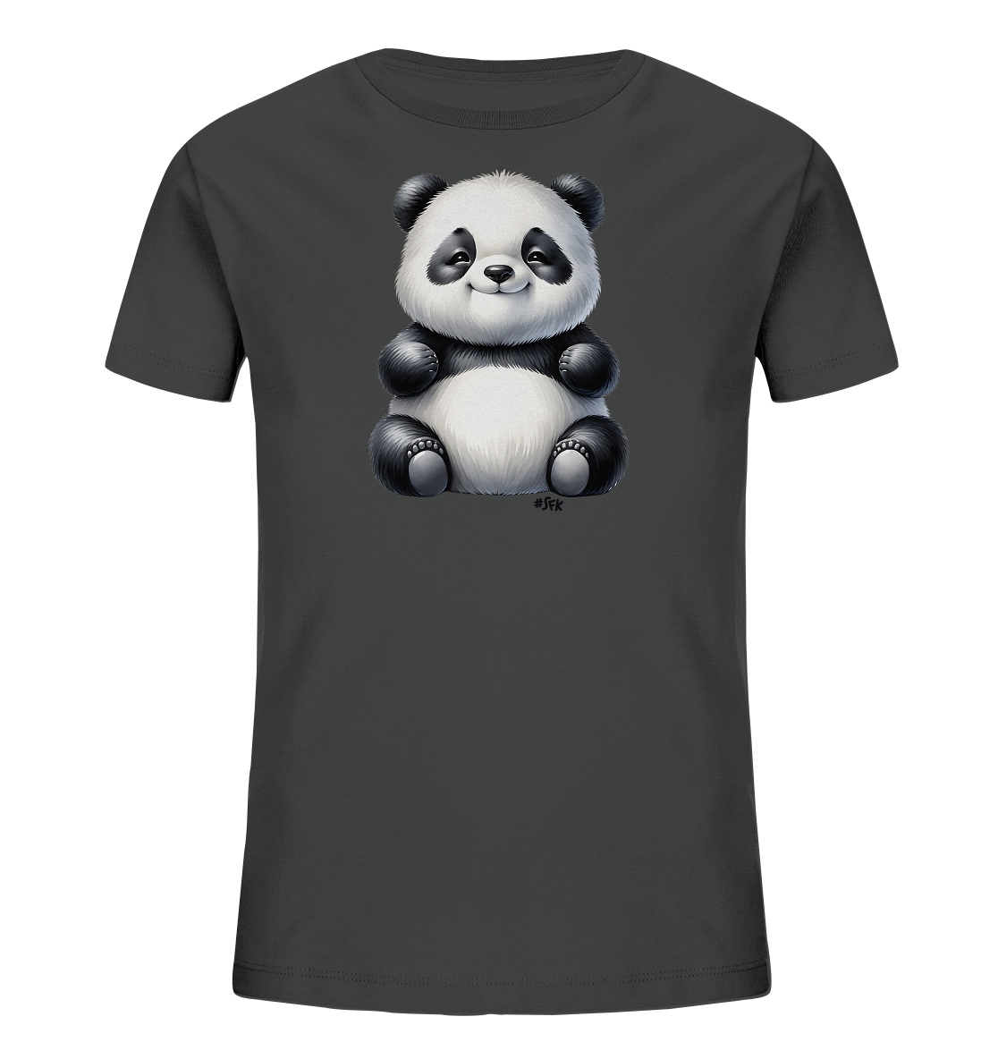 Kinder T-Shirt mit ein sitzender Panda mit schwarz-weißem Fell und freundlichem Lächeln