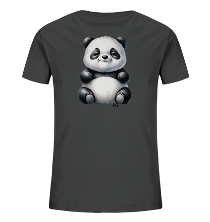 Kinder T-Shirt mit ein sitzender Panda mit schwarz-weißem Fell und freundlichem Lächeln