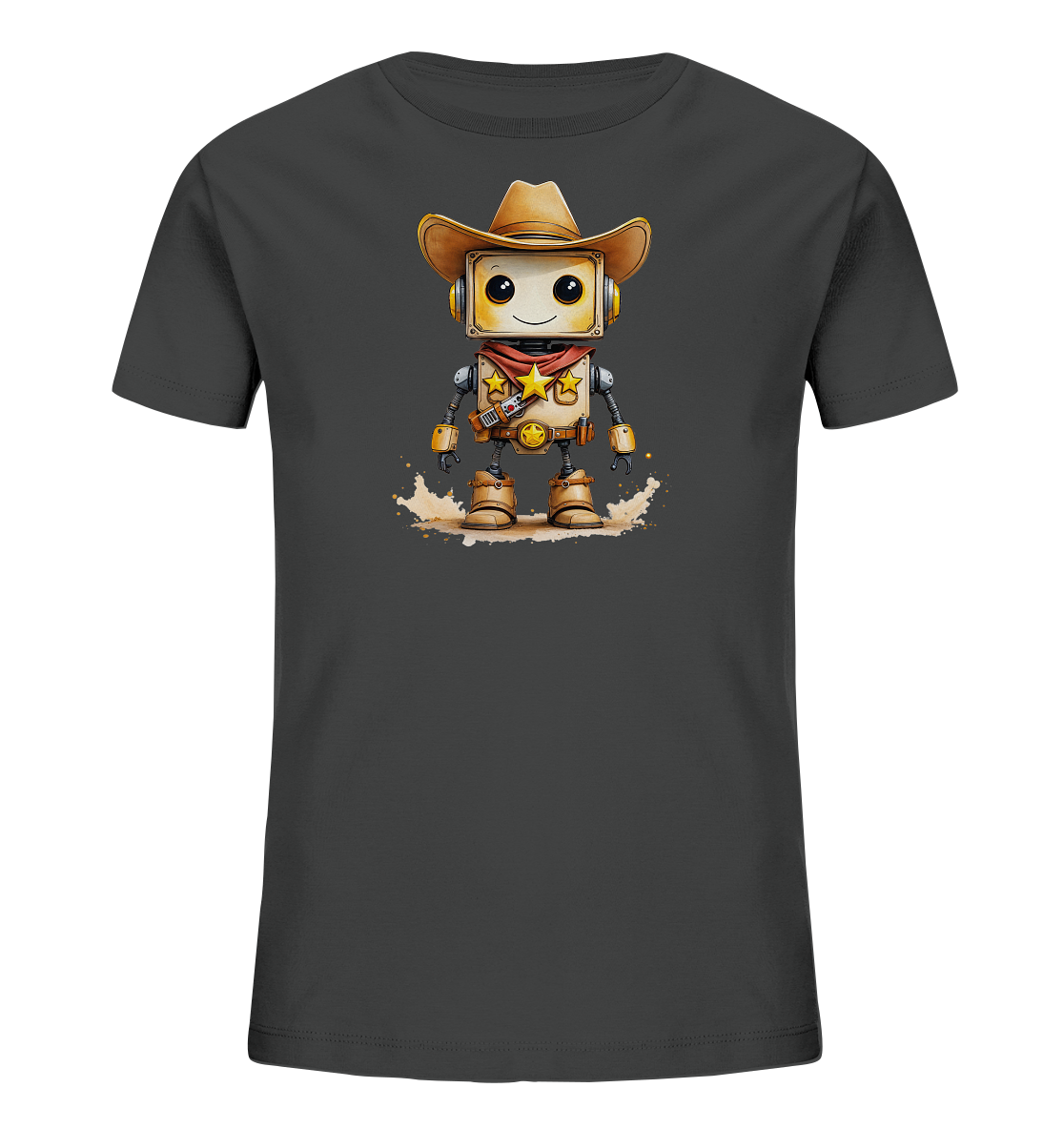 Onlineshop Shirts für Kinder - Das Bild zeigt ein dunkles, graues T-Shirt für Kinder, das auf der Vorderseite eine Illustration eines Roboters im Cowboy-Stil zeigt. Der Roboter trägt einen braunen Cowboyhut und passende Stiefel, sowie ein rotes Halstuch mit einem goldenen Stern. Die Figur steht in einer sandigen Umgebung und hat ein freundliches, lächelndes Gesicht. Das Design ist detailreich mit metallischen Elementen und Zahnrädern dargestellt.