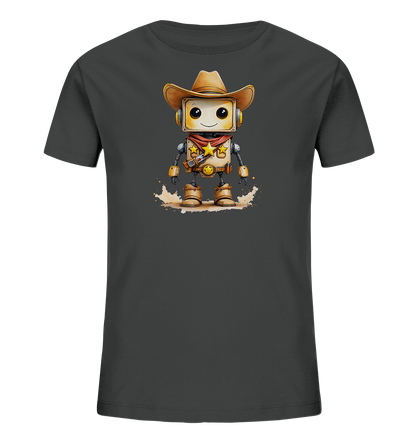 Onlineshop Shirts für Kinder - Das Bild zeigt ein dunkles, graues T-Shirt für Kinder, das auf der Vorderseite eine Illustration eines Roboters im Cowboy-Stil zeigt. Der Roboter trägt einen braunen Cowboyhut und passende Stiefel, sowie ein rotes Halstuch mit einem goldenen Stern. Die Figur steht in einer sandigen Umgebung und hat ein freundliches, lächelndes Gesicht. Das Design ist detailreich mit metallischen Elementen und Zahnrädern dargestellt.