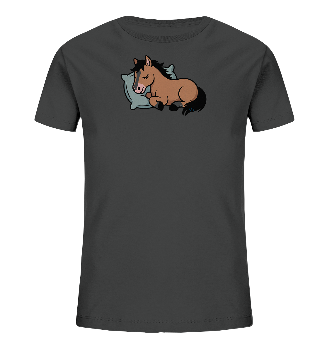 Onlineshop Shirts fuer Kinder - Das Bild zeigt ein dunkelgraues Kinder-T-Shirt mit einem niedlichen Tiermotiv auf der Vorderseite. Im Zentrum des Designs liegt ein braunes Pferdchen schlafend auf einem hellblauen Kissen. Das Pferd ist in einem Cartoon-Stil gezeichnet, mit geschlossenen Augen und einem freundlichen Ausdruck. Dieses verspielte Motiv verleiht dem T-Shirt einen sanften und kinderfreundlichen Charakter.