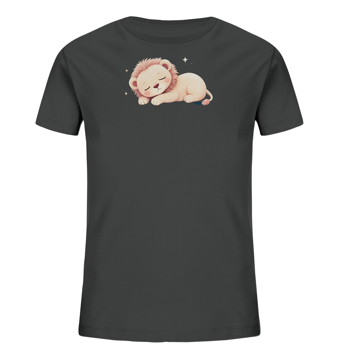 Onlineshop Shirts fuer Kinder - Das Bild zeigt ein dunkelgraues T-Shirt mit einem niedlichen Motiv eines schlafenden Loewenbabys. Das Loewenjunge ist in hellen Beige- und Rosatoenen gehalten und ruht friedlich. Kleine Sterne um den Kopf herum verstaerken die vertraeumte Ausstrahlung. Das Design ist sanft und ansprechend fuer Kinder.