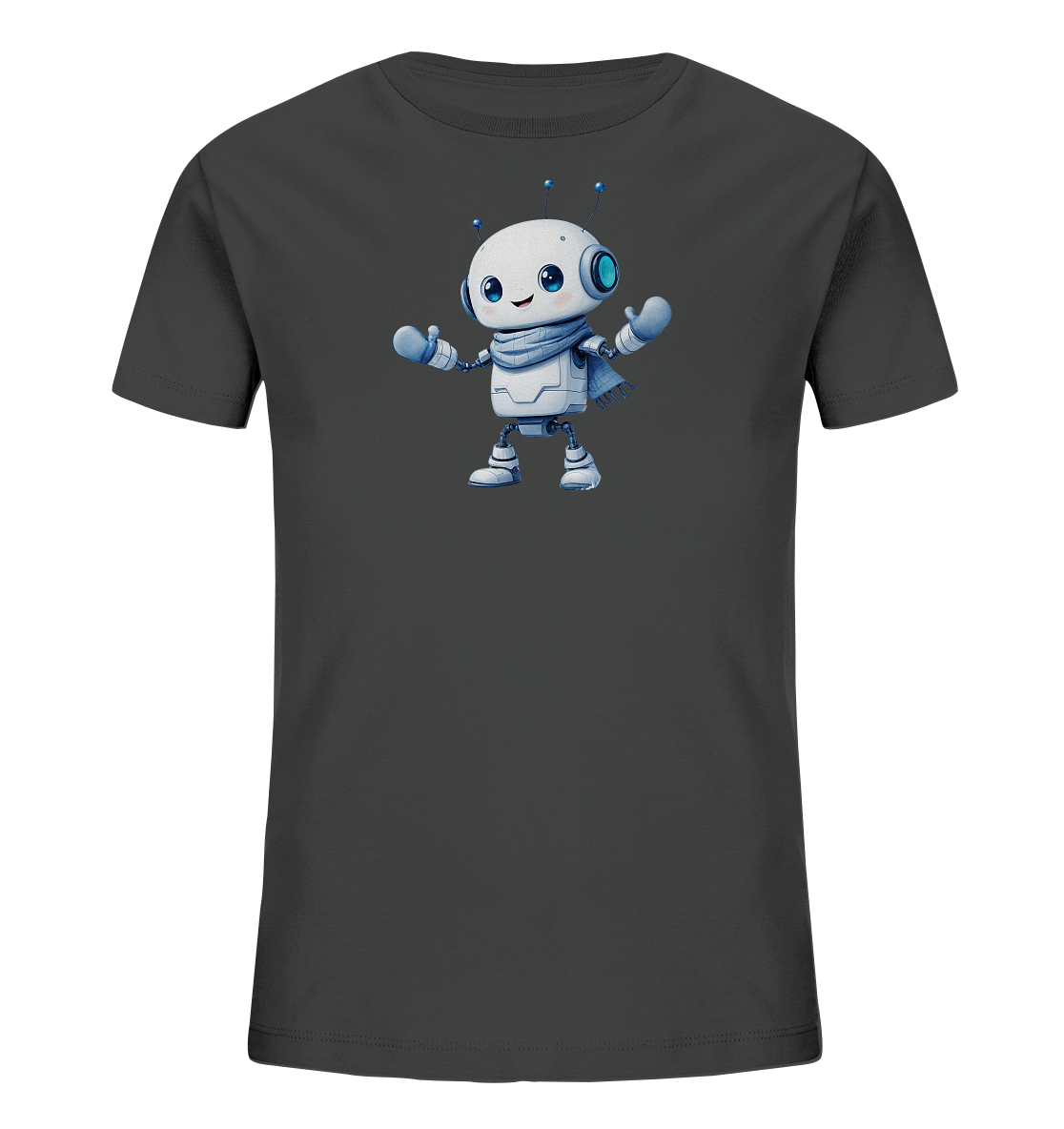 Onlineshop Shirts für Kinder - Das Bild zeigt ein kurzärmeliges Kinder T-Shirt in einem dunklen Anthrazit-Grau. Auf der Vorderseite ist eine niedliche, cartoonhafte Illustration eines kleinen Roboters platziert. Der Roboter hat einen weißen Körper, große blaue Augen, blaue Antennen und trägt einen blauen Schal. Er steht mit leicht angewinkelten Armen und geöffneten Händen da, was einen freundlichen und einladenden Eindruck vermittelt.