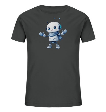 Onlineshop Shirts für Kinder - Das Bild zeigt ein kurzärmeliges Kinder T-Shirt in einem dunklen Anthrazit-Grau. Auf der Vorderseite ist eine niedliche, cartoonhafte Illustration eines kleinen Roboters platziert. Der Roboter hat einen weißen Körper, große blaue Augen, blaue Antennen und trägt einen blauen Schal. Er steht mit leicht angewinkelten Armen und geöffneten Händen da, was einen freundlichen und einladenden Eindruck vermittelt.