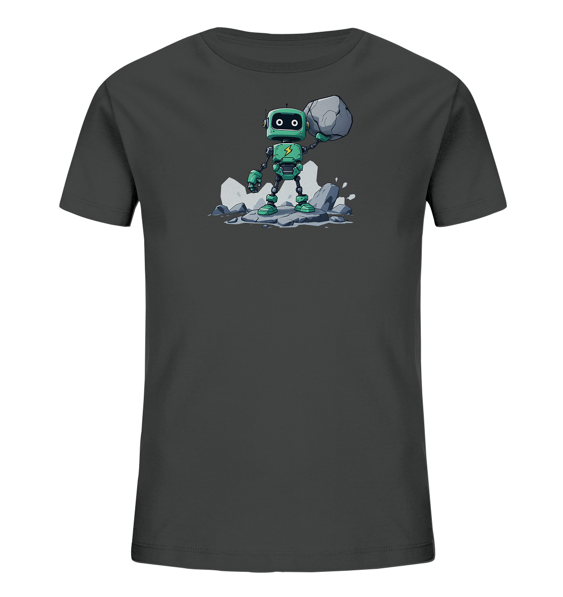 Onlineshop Shirts für Kinder - Das Bild zeigt ein dunkelgraues Kinder-T-Shirt mit einer Grafik auf der Vorderseite. Dargestellt ist ein grüner Roboter, der auf Felsbrocken steht und einen großen grauen Stein über sich hält. Der Roboter besitzt große Augen und ein Blitzsymbol auf der Brust. Die Szene ist als dynamische Illustration mit umherfliegenden Gesteinsbrocken dargestellt.