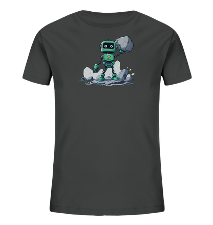 Onlineshop Shirts für Kinder - Das Bild zeigt ein dunkelgraues Kinder-T-Shirt mit einer Grafik auf der Vorderseite. Dargestellt ist ein grüner Roboter, der auf Felsbrocken steht und einen großen grauen Stein über sich hält. Der Roboter besitzt große Augen und ein Blitzsymbol auf der Brust. Die Szene ist als dynamische Illustration mit umherfliegenden Gesteinsbrocken dargestellt.