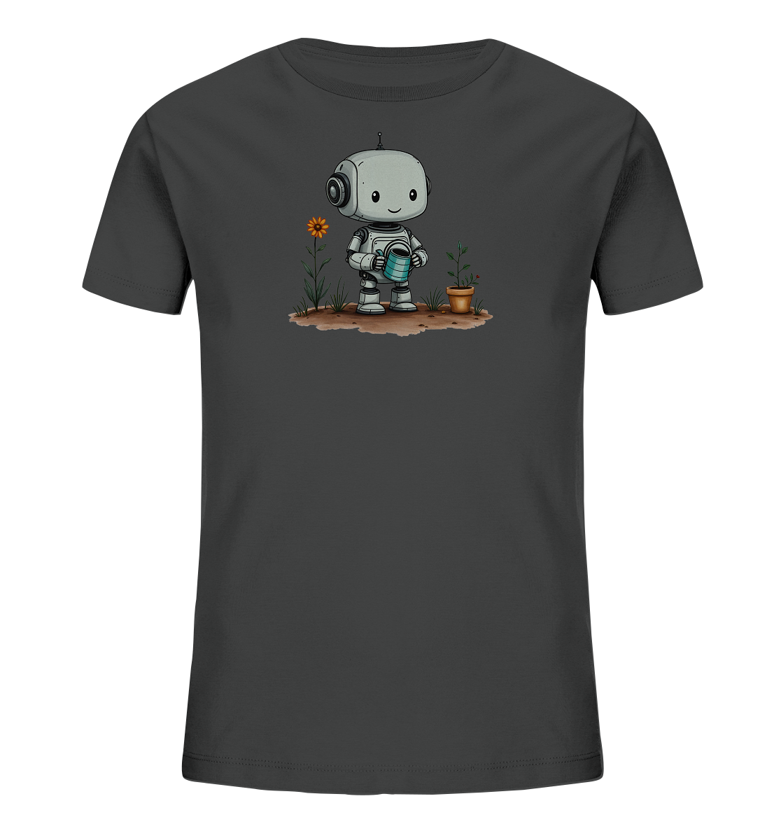 Onlineshop Shirts für Kinder - Das Bild zeigt ein dunkelgraues T-Shirt mit einem detailreichen Aufdruck auf der Vorderseite. Zu sehen ist ein kleiner, freundlich aussehender Roboter mit großen Augen und Kopfhörern, der eine blaue Gießkanne hält. Der Roboter steht auf brauner Erde neben einer hohen orangefarbenen Blume und einer kleineren Pflanze in einem Topf. Die Grafik ist im Cartoon-Stil gehalten und wirkt verspielt.