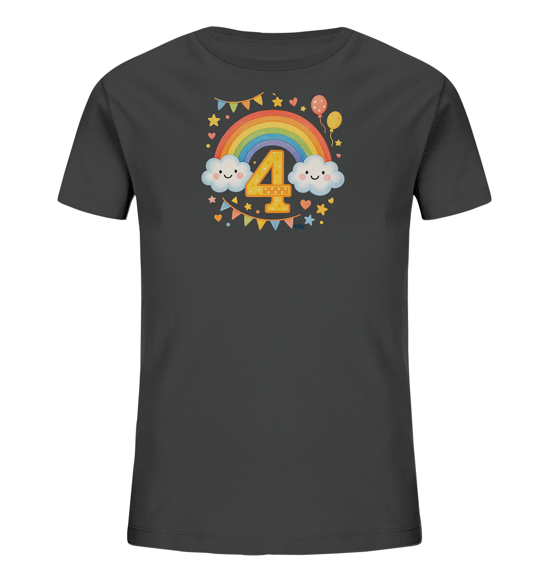 Onlineshop Shirts fuer Kinder - Dunkelgraues T-Shirt mit einem bunten Regenbogenmotiv. Es zeigt laechelnde Wolken und eine grosse Zahl '4'. Sterne, Herzen und Wimpel ergaenzen das Design.